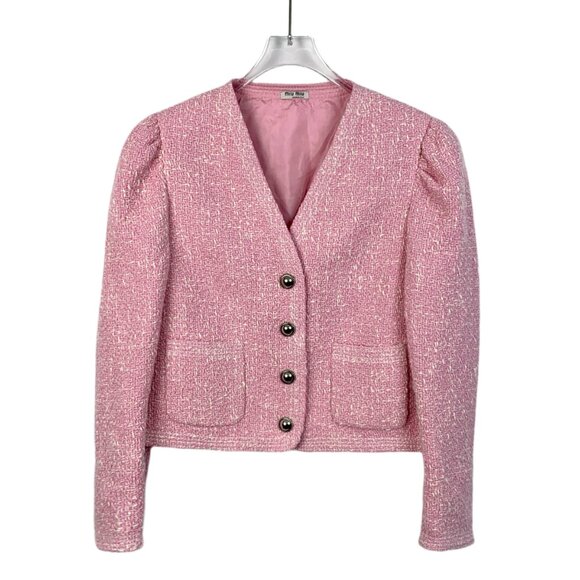 Miu Miu Pink V-Neck Single-Breasted Tweed Jacket